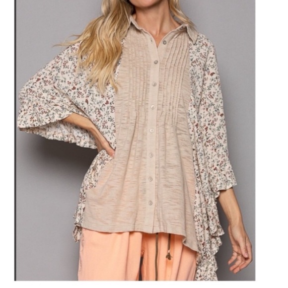 POL Top Pin tuck button down Boho Small - Large New Boutique OVERSIZED - Picture 7 of 10
